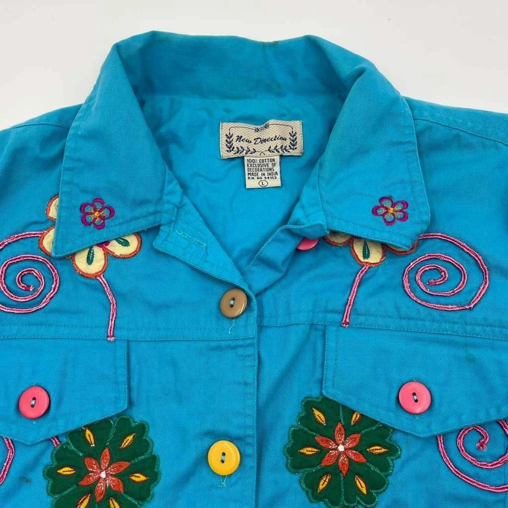 New Direction Womens Jacket‎ Button Up Embroidered Flower Accent Teal L